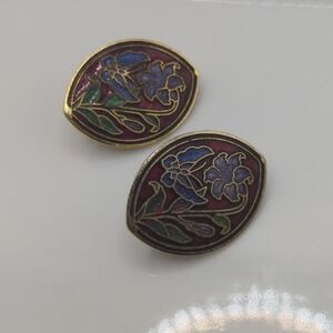 Vintage 90s Cloisonne Iris Butterfly Earrings Clip On 1.25in